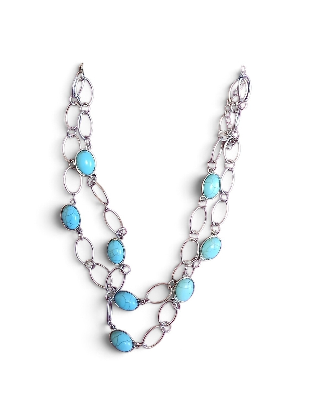 Silver Link Necklace with Turquoise Oval Stones - Women Jewelry
